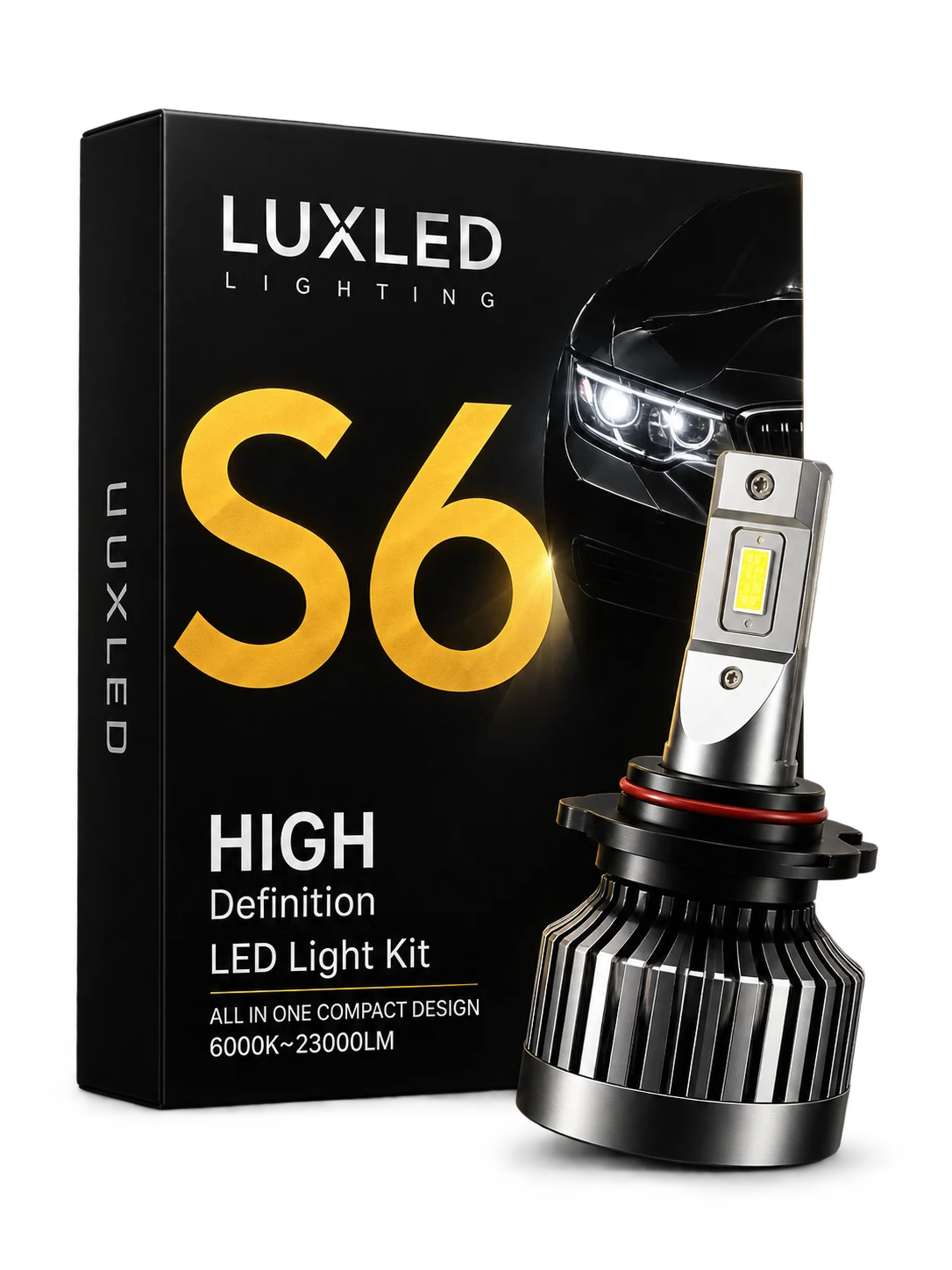 Composición ilustrativa LuxLED S6: caja negra y dorada con un foco LED