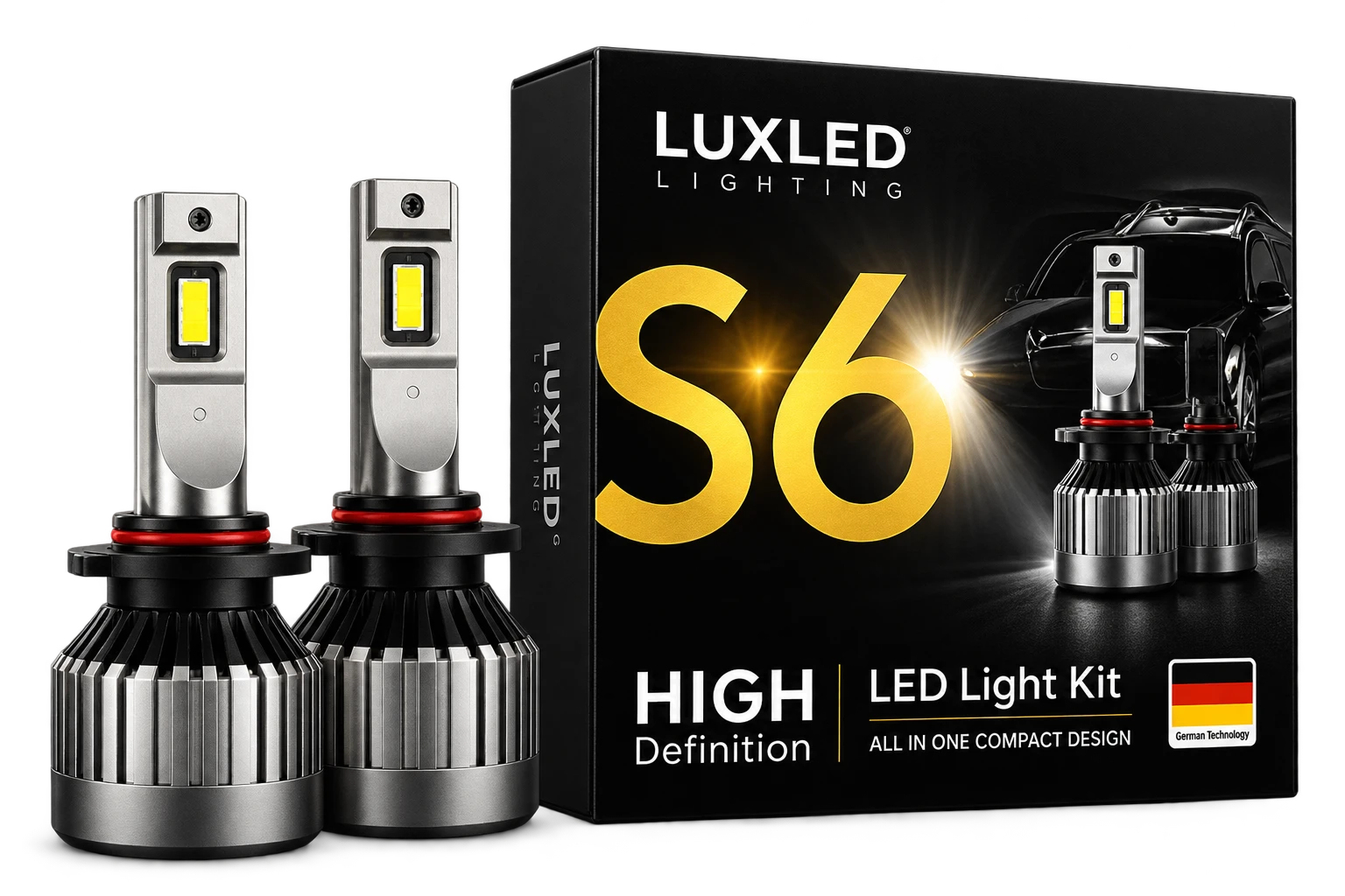 Composición ilustrativa LuxLED S6: caja negra con impresión dorada y dos focos LED