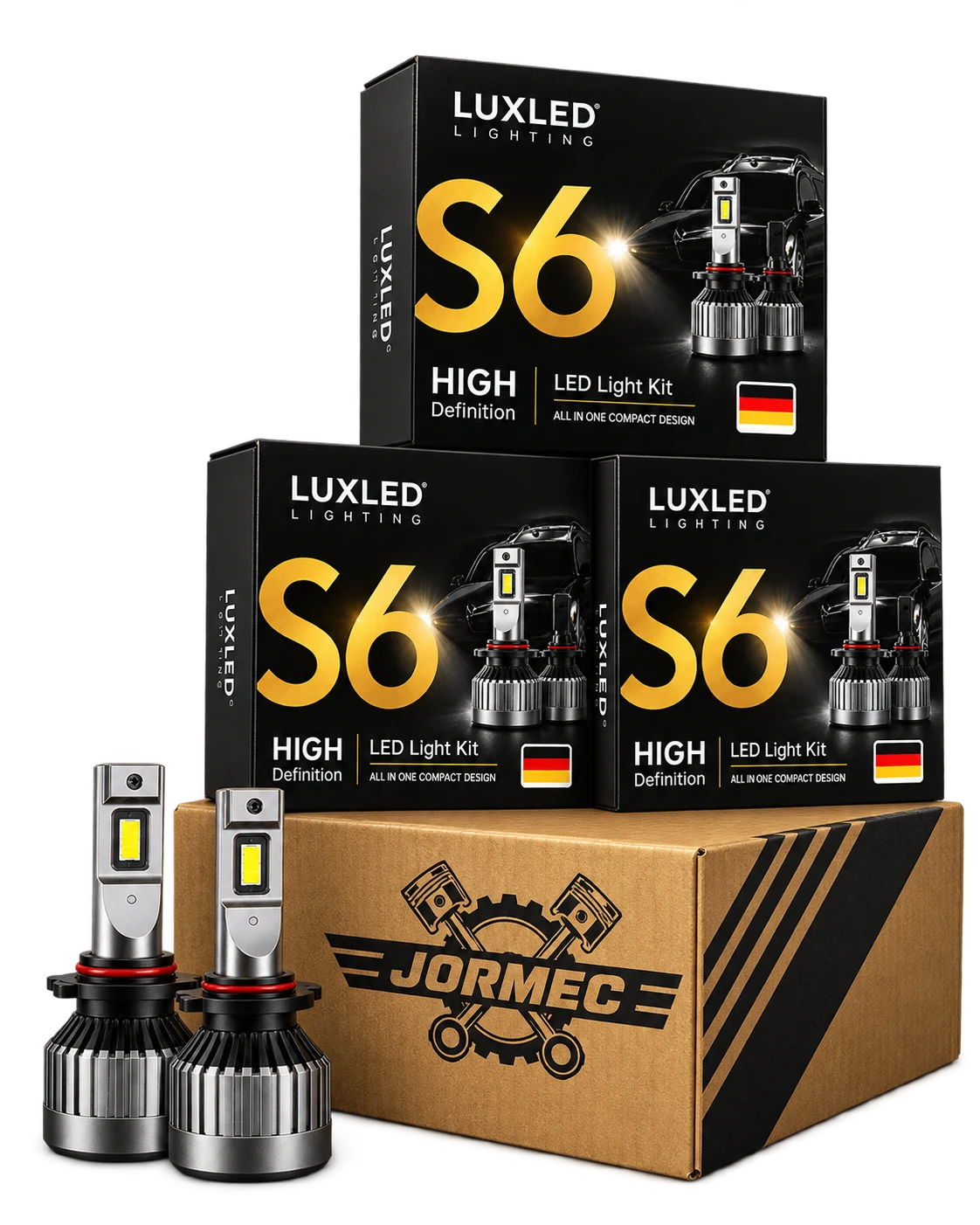 Composición ilustrativa mayorista: tres kits LuxLED S6, caja de envío Jormec y dos focos LED